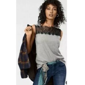 NWT CAbi Gray Sleeveless Top with Black Lace